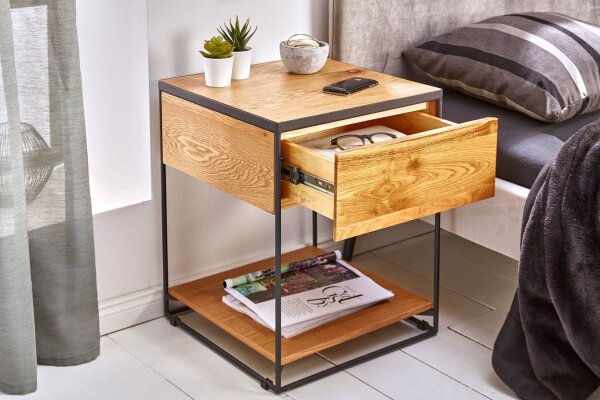 Nachttisch mit Schublade Wildeiche Metall 40x40 cm