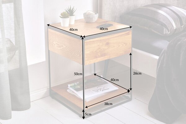 Nachttisch mit Schublade Wildeiche Metall 40x40 cm