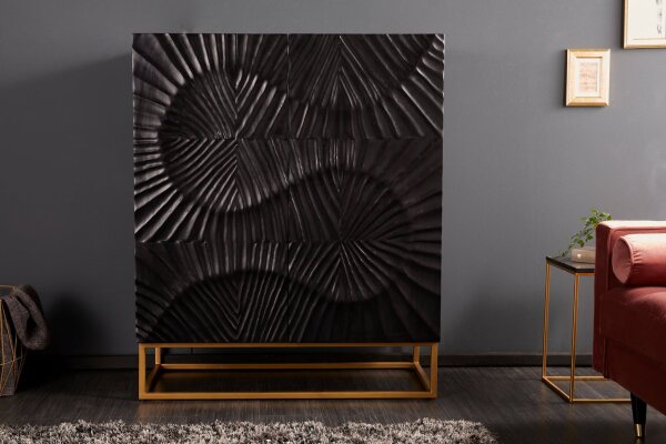 Highboard Schwarz Gold 100 x 120 cm Handarbeit Holz Metall