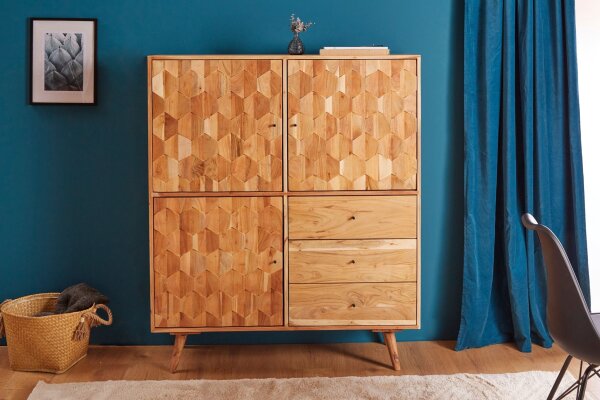 Highboard Holz Akazie 118 x 140 cm 3D-Front Schubladen Türen
