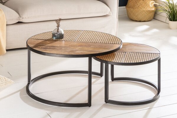 Couchtisch 2er Set Rattan Mango Holz Metall rund