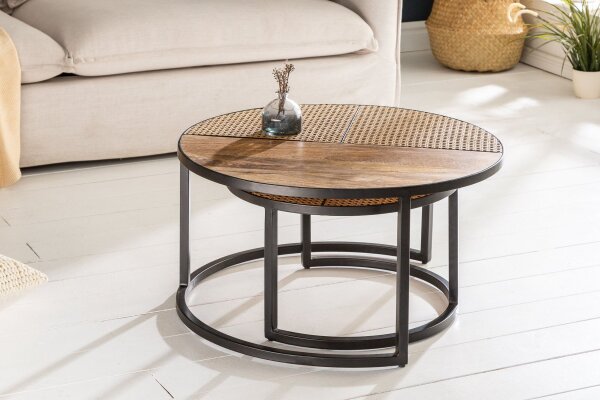 Couchtisch 2er Set Rattan Mango Holz Metall rund