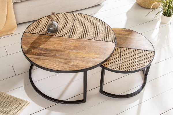 Couchtisch 2er Set Rattan Mango Holz Metall rund