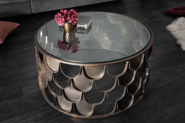 Couchtisch Hartglas Metall in Messing Antik 60x60 cm