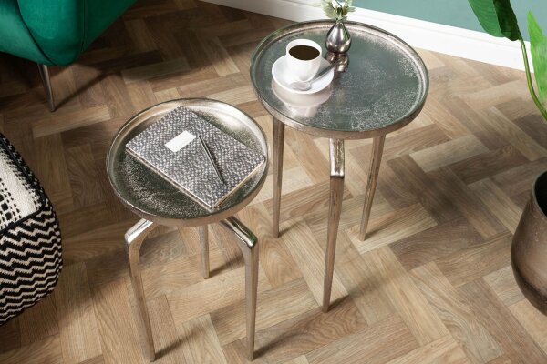 Beistelltisch 2er Set rund Metall in Silber Handarbeit