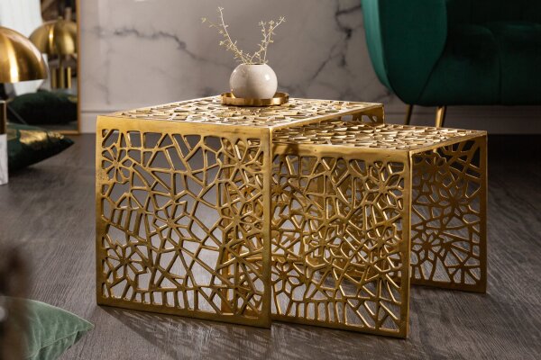 Couchtisch 2er Set Metall in Gold eckig Handarbeit