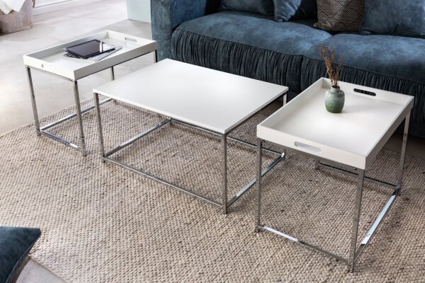 Couchtisch 2er Set MDF Metall in Weiß Chrom mit Tabletts