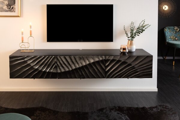 TV Hängeboard Schwarz 160 cm Mangoholz Handarbeit