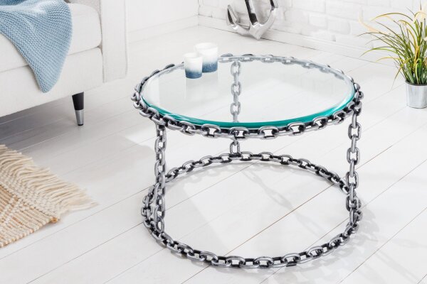 Couchtisch Hartglas Eisen in Silber 65x65 cm Handarbeit