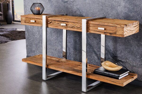 Konsolentisch mit Schublade Teakholz Edelstahl 140 cm