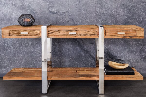 Konsolentisch mit Schublade Teakholz Edelstahl 140 cm