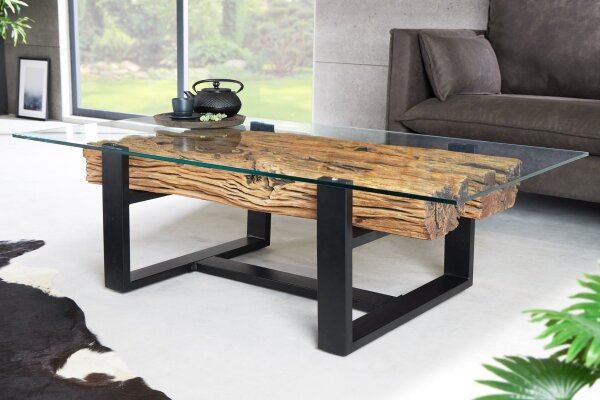 Couchtisch Teakholz Hartglas Edelstahl 130 x 70 cm
