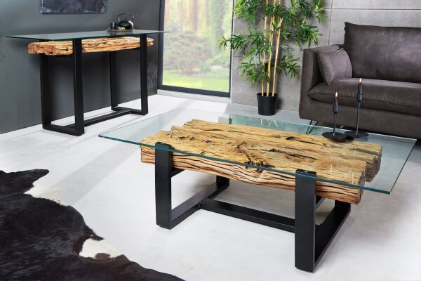 Couchtisch Teakholz Hartglas Edelstahl 130 x 70 cm