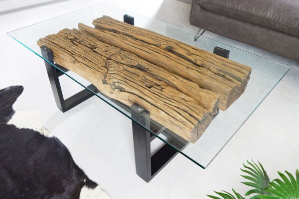 Couchtisch Teakholz Hartglas Edelstahl 130 x 70 cm