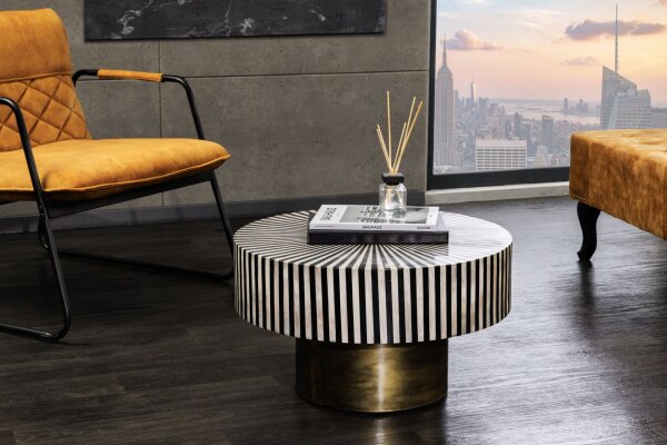 Couchtisch Intarsien in Schwarz Gold Weiß Ø 60 cm Handarbeit