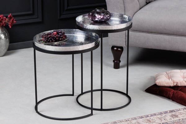Beistelltisch 2er Set Silber Schwarz mit Tabletts Handarbeit