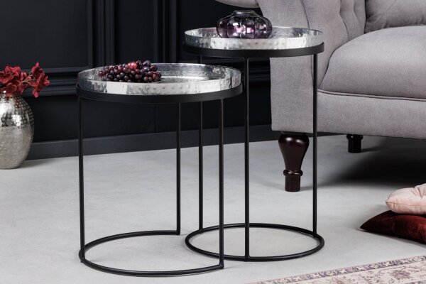 Beistelltisch 2er Set Silber Schwarz mit Tabletts Handarbeit