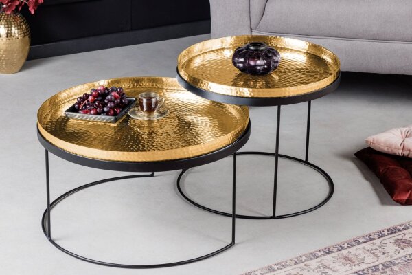 Couchtisch 2er Set in Gold Schwarz mit Tabletts Handarbeit