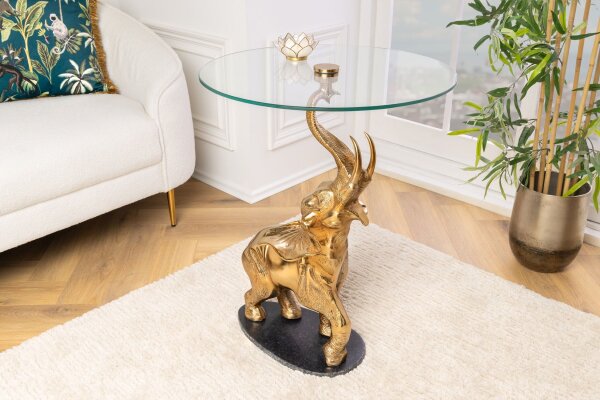 Beistelltisch Hartglas Marmor Metall in Gold Schwarz Elefant
