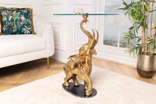 Beistelltisch Hartglas Marmor Metall in Gold Schwarz Elefant