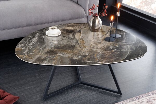 Couchtisch 90x75 cm Keramik Hartglas Metall in Taupe Schwarz