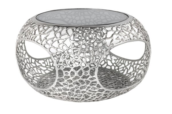 Couchtisch Metall Hartglas in Silber 74x74 cm Handarbeit