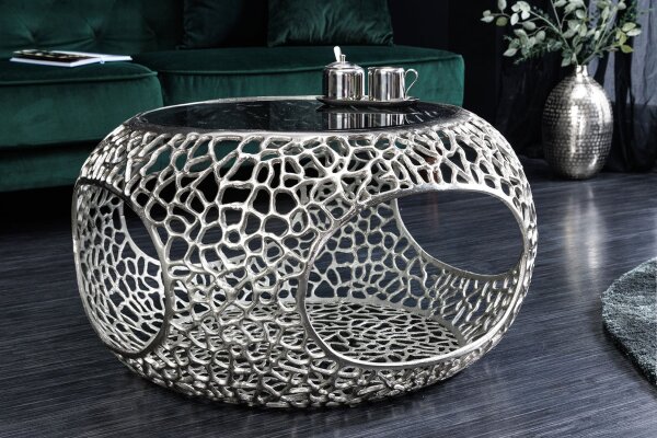 Couchtisch Metall Hartglas in Silber 74x74 cm Handarbeit
