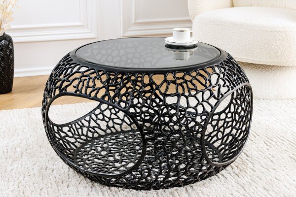 Couchtisch Metall Hartglas in Schwarz 74x74 cm Handarbeit