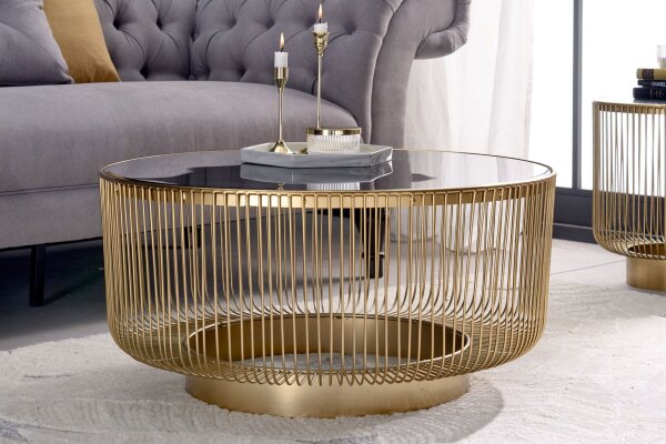 Couchtisch Hartglas Metall in Gold Schwarz Ø 79 cm rund