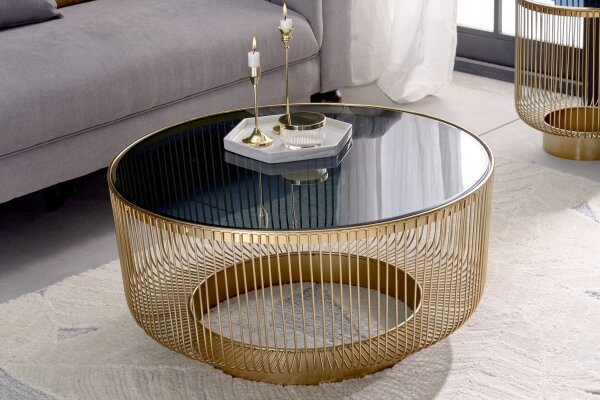 Couchtisch Hartglas Metall in Gold Schwarz Ø 79 cm rund