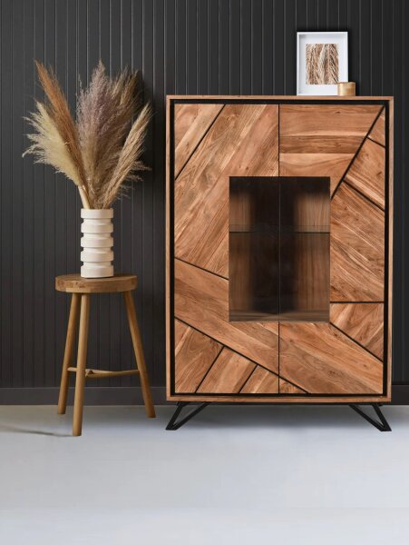 Vitrine Holz Glas Metall 150 cm hoch Natur Schwarz Modern