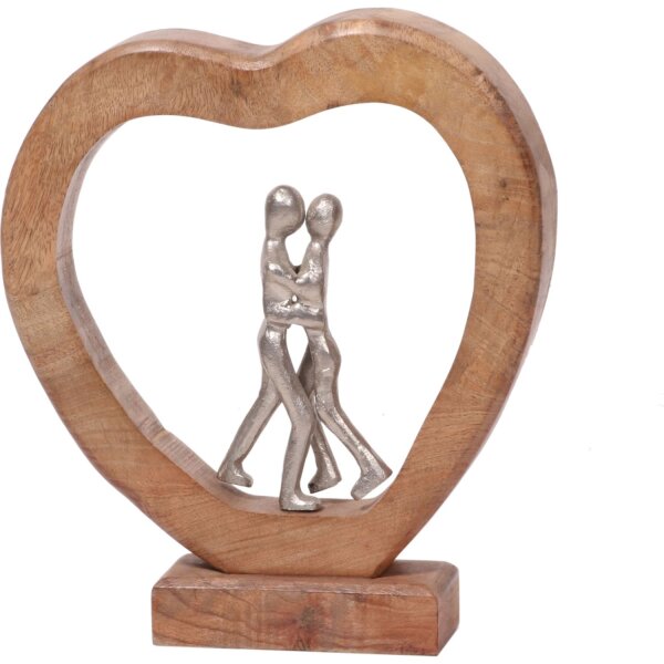 Deko Statue Mangoholz Aluminium 31 cm hoch Herz Paar