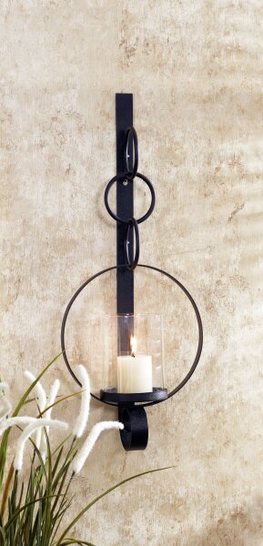 Wandkerzenhalter Schwarz 52 cm hoch aus Eisen Glas Rustikal