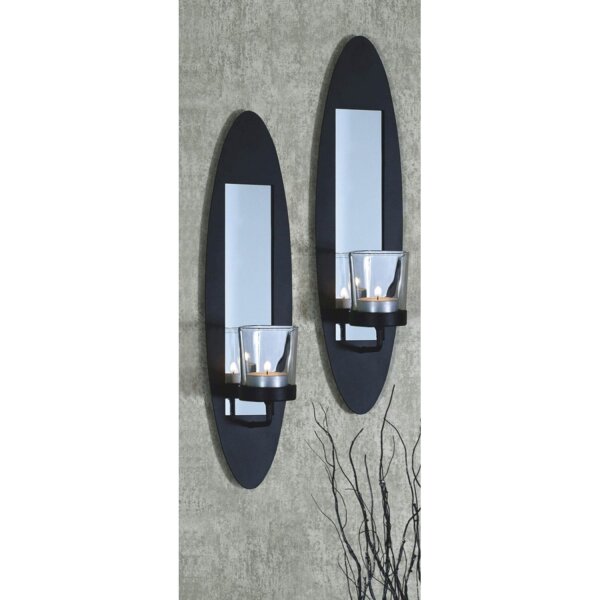 Kerzenwandhalter Modern 2er Set Stahl Glas Schwarz H: 36cm