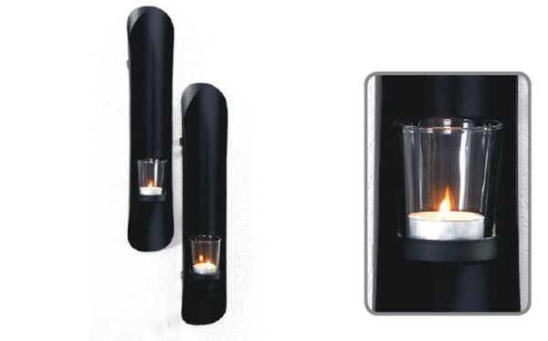 Wandkerzenhalter 2er Set Schwarz Metall Glas H: 41,5 cm Modern