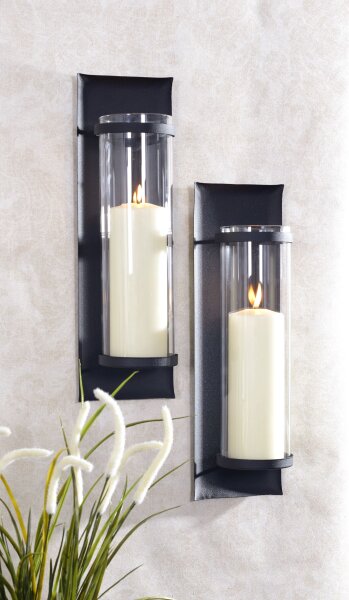 Wandkerzenhalter Schwarz Metall Glas H: 41 cm Modern 2er Set