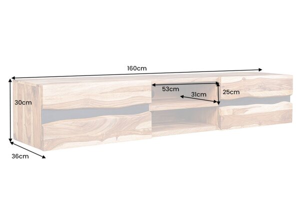 TV Hängeboard Sheesham Holz Metall 160 cm Baumkante