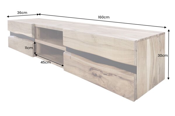 TV Lowboard hängend Akazienholz Metall 160 cm Baumkante