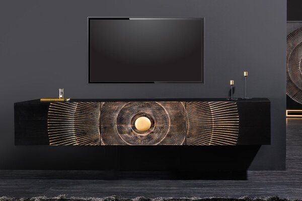 TV Hängeboard Holz Metall 160 cm Schwarz Gold Handarbeit