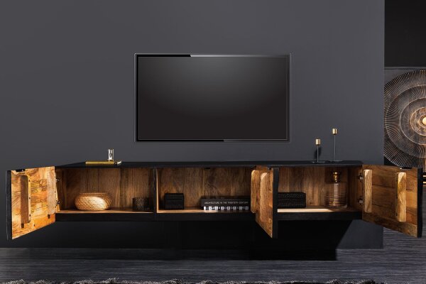 TV Hängeboard Holz Metall 160 cm Schwarz Gold Handarbeit