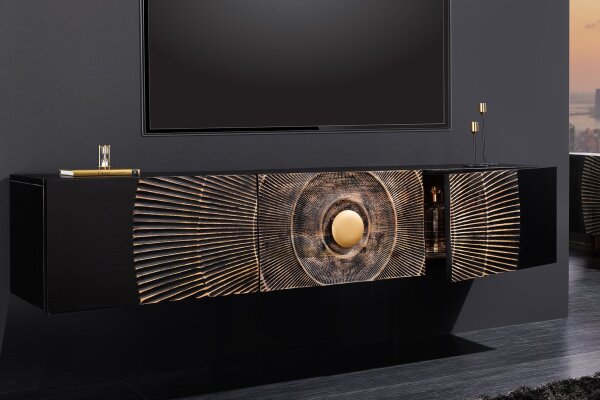 TV Hängeboard Holz Metall 160 cm Schwarz Gold Handarbeit