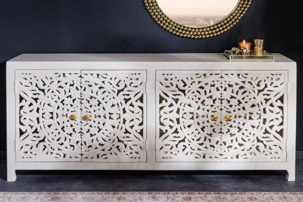 Sideboard Holz 170 cm Weiß Gold Handarbeit dekorativ