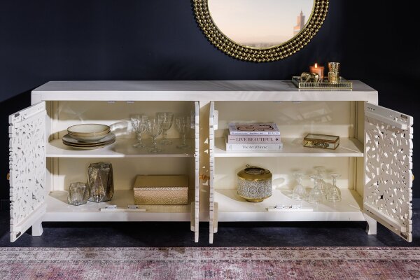 Sideboard Holz 170 cm Weiß Gold Handarbeit dekorativ