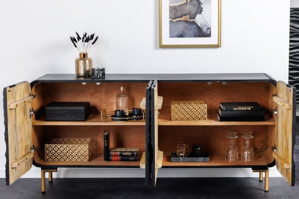 Sideboard 160 cm Holz Metall Schwarz Gold Handarbeit