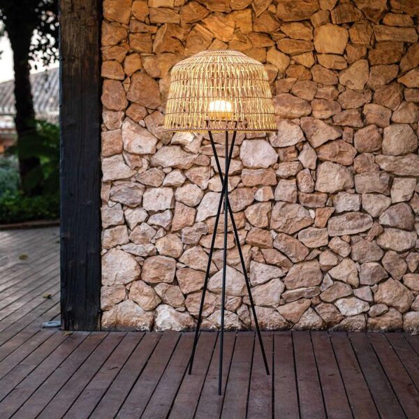 LED Stehleuchte außen Rattan Schirm 148 cm mit Akku IP54