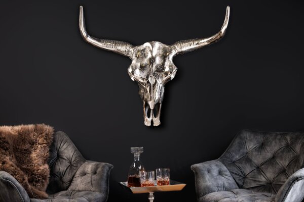 Wanddeko Stier Schädel aus Metall Handarbeit B: 70cm in Silber