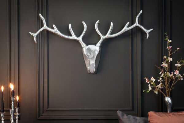 Wanddeko Geweih Hirsch aus Metall 98 cm breit in Silber