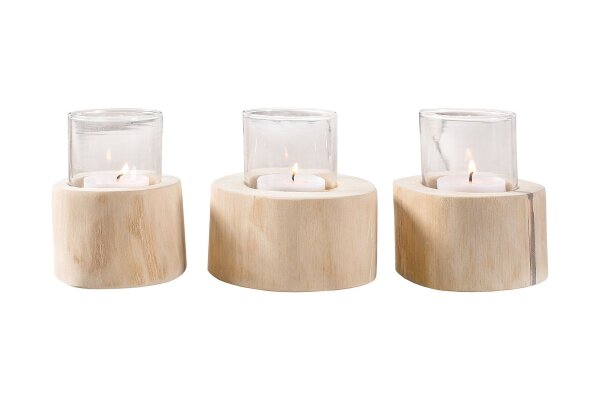 Teelichthalter 3er Set Teakholz Glas Unikat für Außen Innen