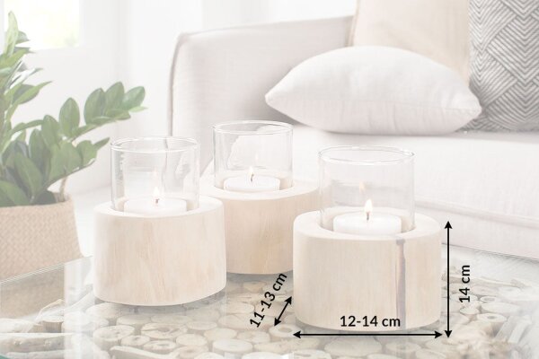 Teelichthalter 3er Set Teakholz Glas Unikat für Außen Innen