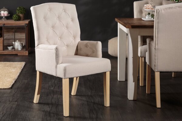 Esszimmerstuhl Beige Stoff Holz Chesterfield mir Armlehne